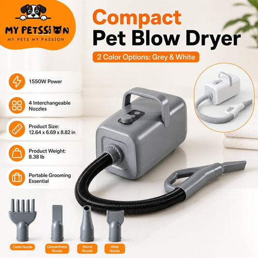 Compact pet blow dryer with interchangeable nozzles on a white background, featuring the brand 'My Petsson'.