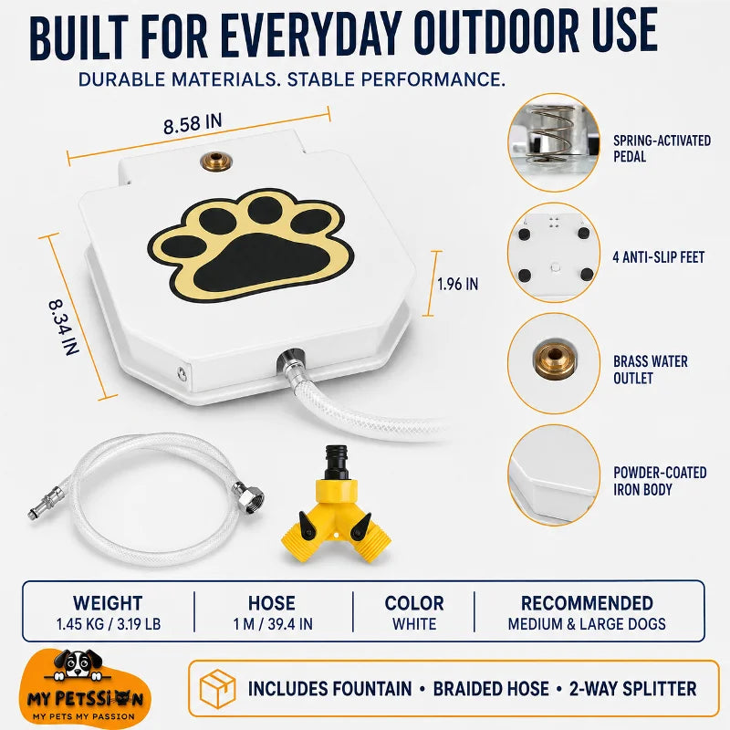 Outdoor dog water fountain specification guide showing its white metal pedal, 1-metre hose, dimensions, weight and garden-hose connection.