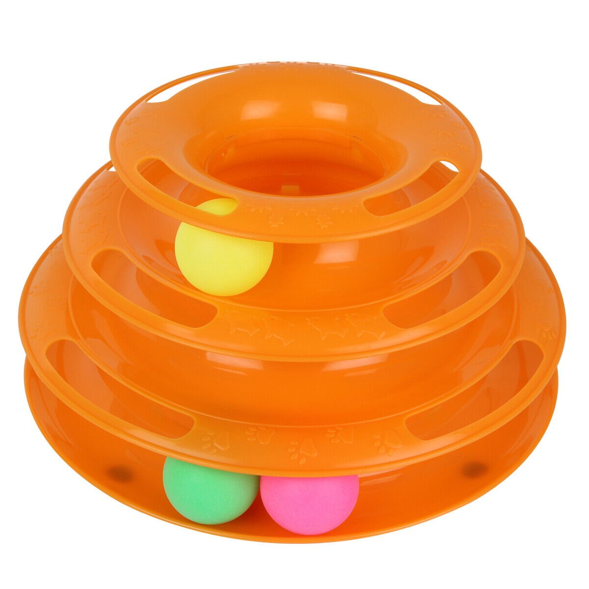 Orange 3-layer interactive cat track toy with rolling balls in different colors, enrichment puzzle for cats.