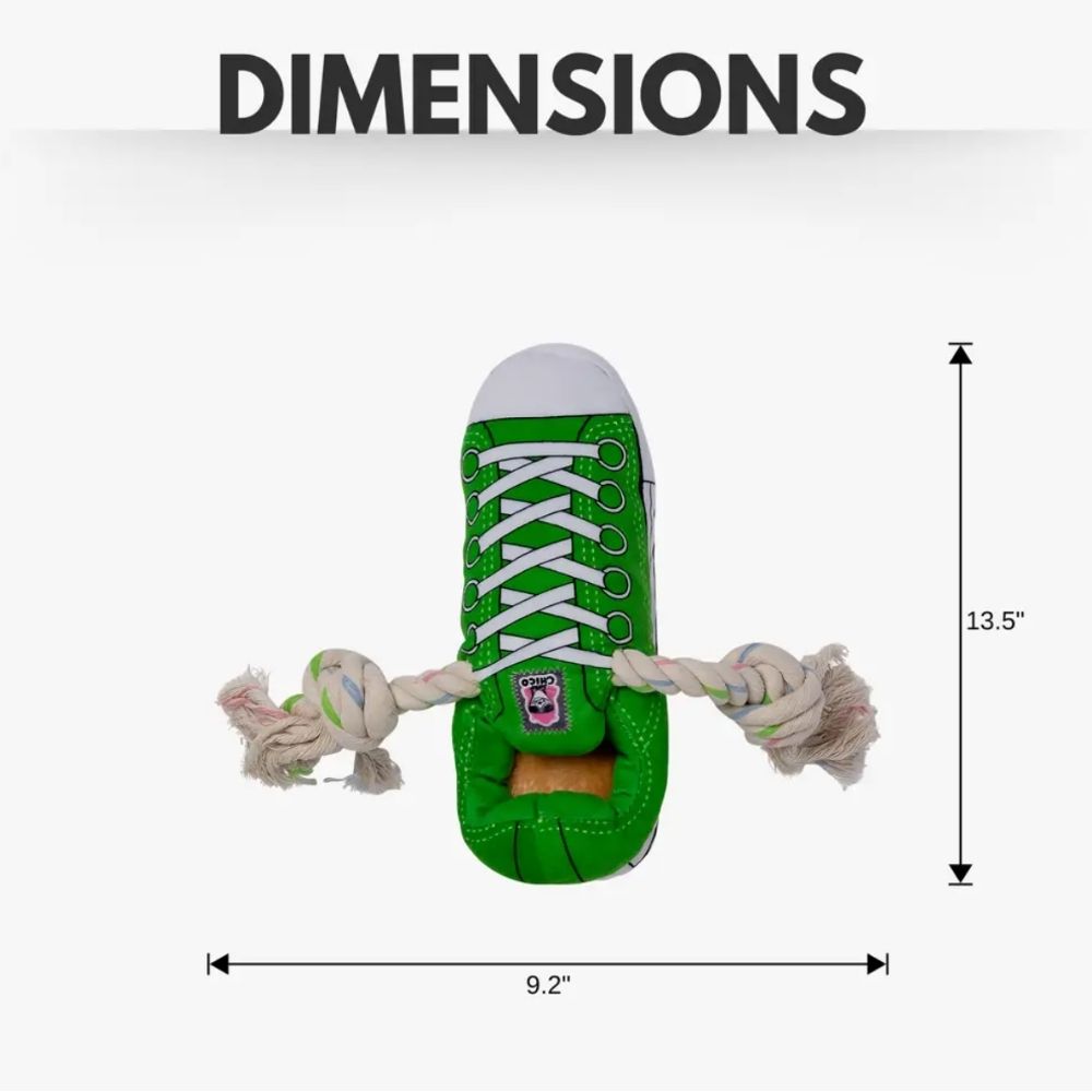 Green Squeaky Plush Sneaker Dog Toy with Treat Pocket