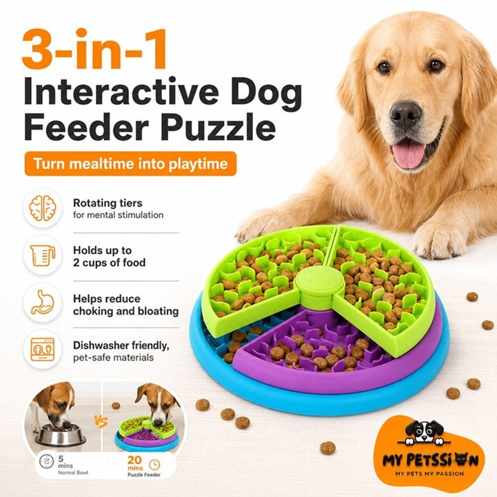 Interactive dog feeder puzzle in green, purple, and blue with rotating tiers filled with kibble next to happy golden retrieve