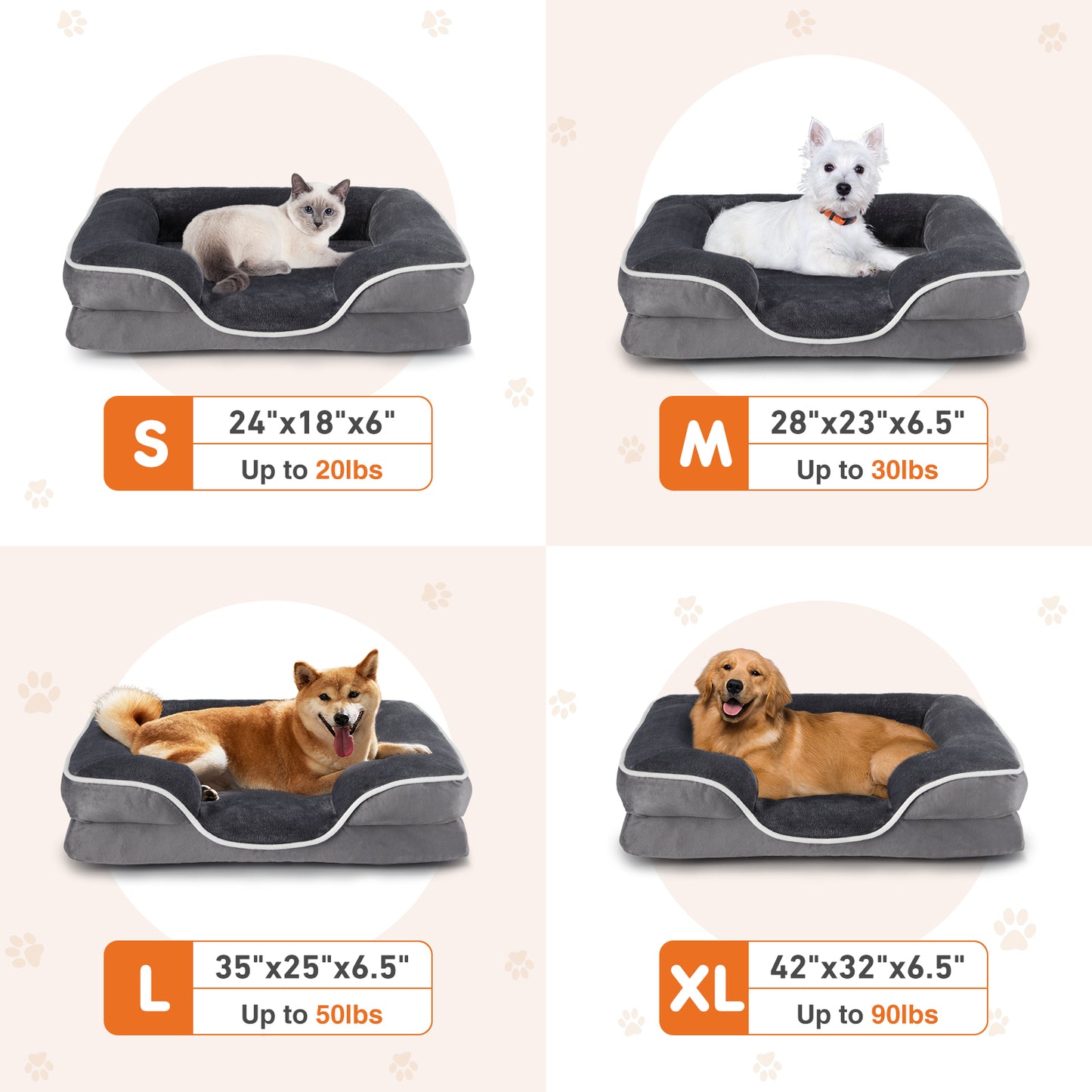 Orthopedic memory foam dog beds in 4 sizes (S-XL) with waterproof covers, shown with pets from 20-90lbs.