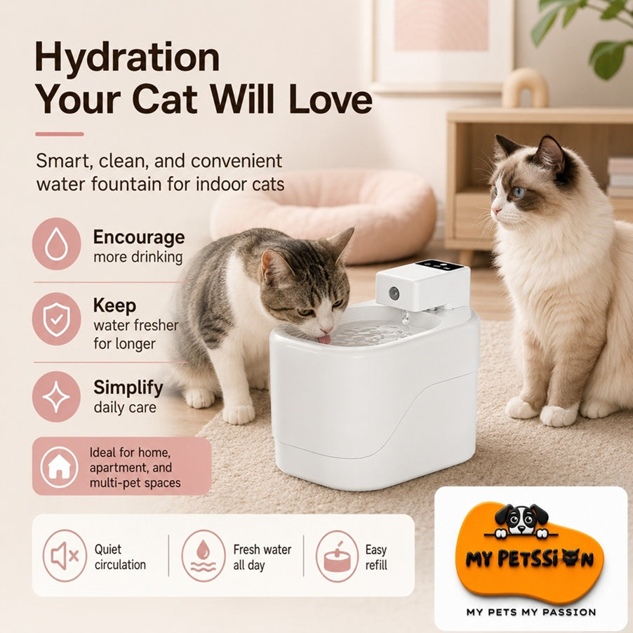 Smart water fountain for indoor cats with two cats using it in a home setting.