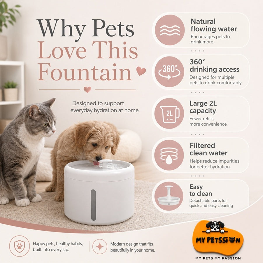 Pet fountain with a cat and dog drinking, featuring features of the product.