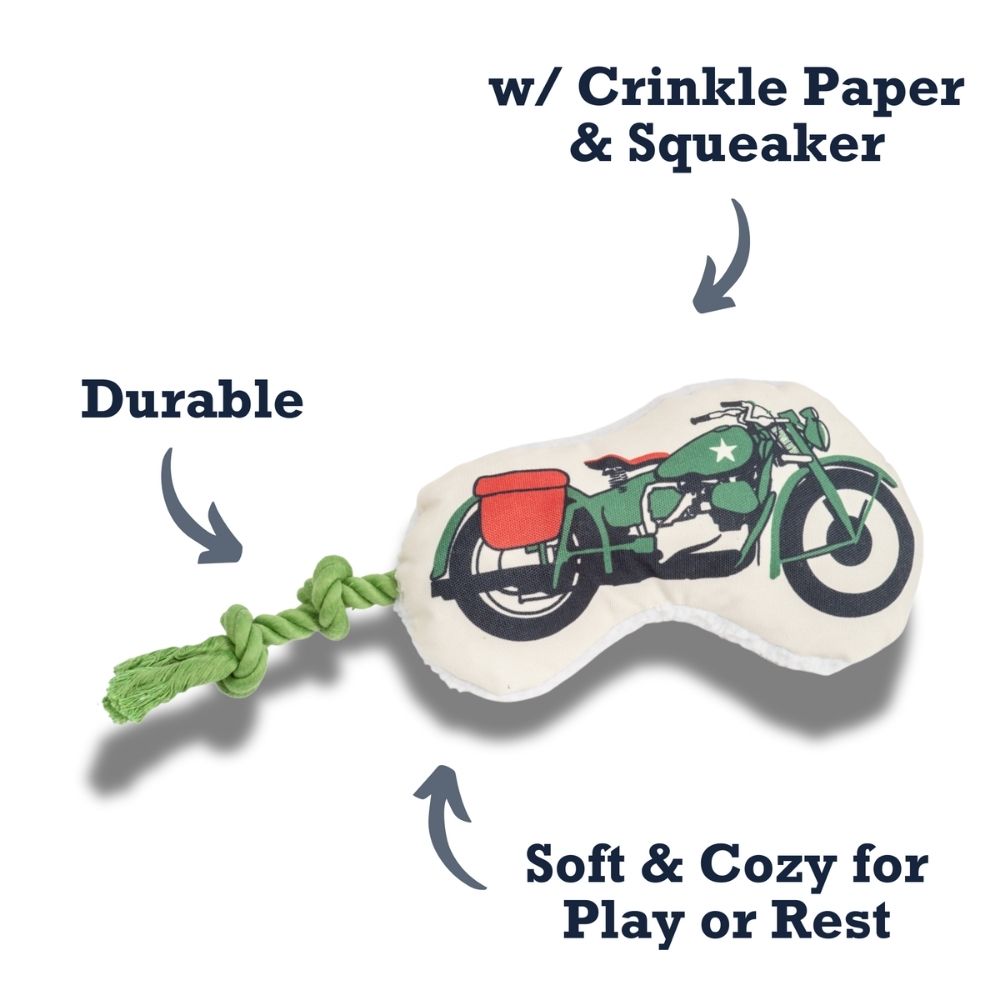 Retro Army Motorcycle Plush Dog Toy with Rope, 15 in
