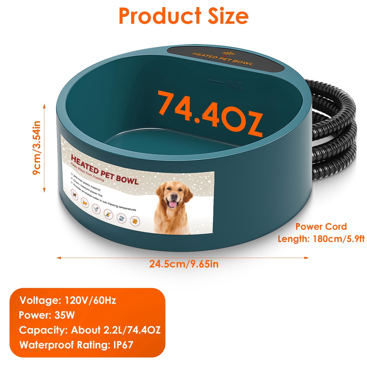 Heated pet bowl with dimensions, capacity, and power details on a white background