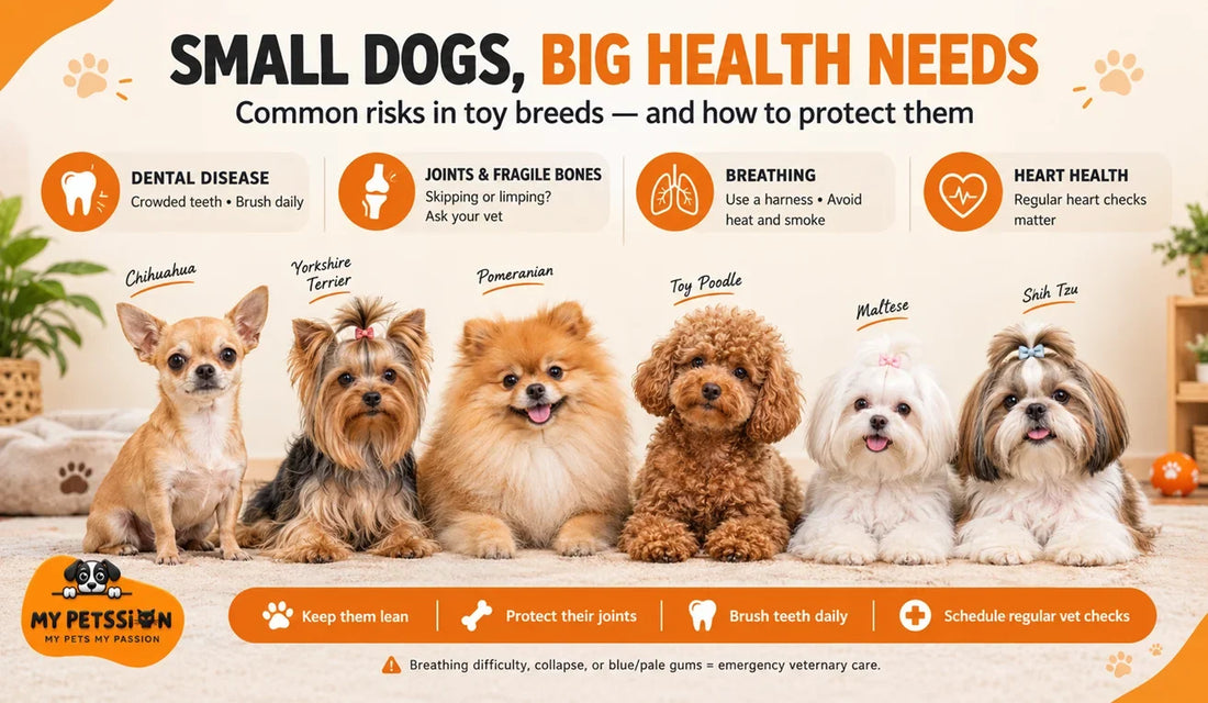Small dog breeds health infographic featuring six toy breeds and common dental, joint, breathing, and heart problems.