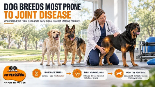 Veterinarian examining a Rottweiler’s joints beside a Labrador and German Shepherd, highlighting joint-disease risks, warning signs, and preventive care.