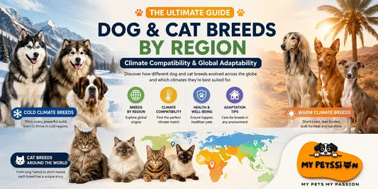 Dog and cat breeds from different regions sitting together, showcasing climate compatibility and global adaptability