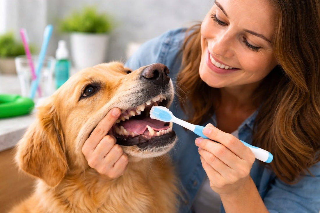 Owner brushing dog teeth for good oral health and dental care