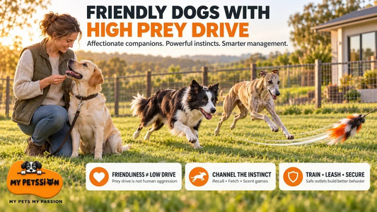 Owner rewarding a friendly Labrador while a Border Collie and Greyhound chase a lure inside a secure yard, demonstrating responsible management of high prey drive.