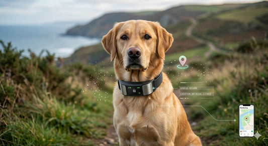 GPS dog fence collar fitted on a dog in a garden