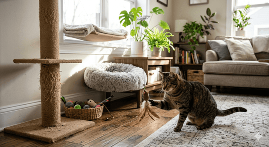 Happy healthy indoor cat playing with a hanging toy