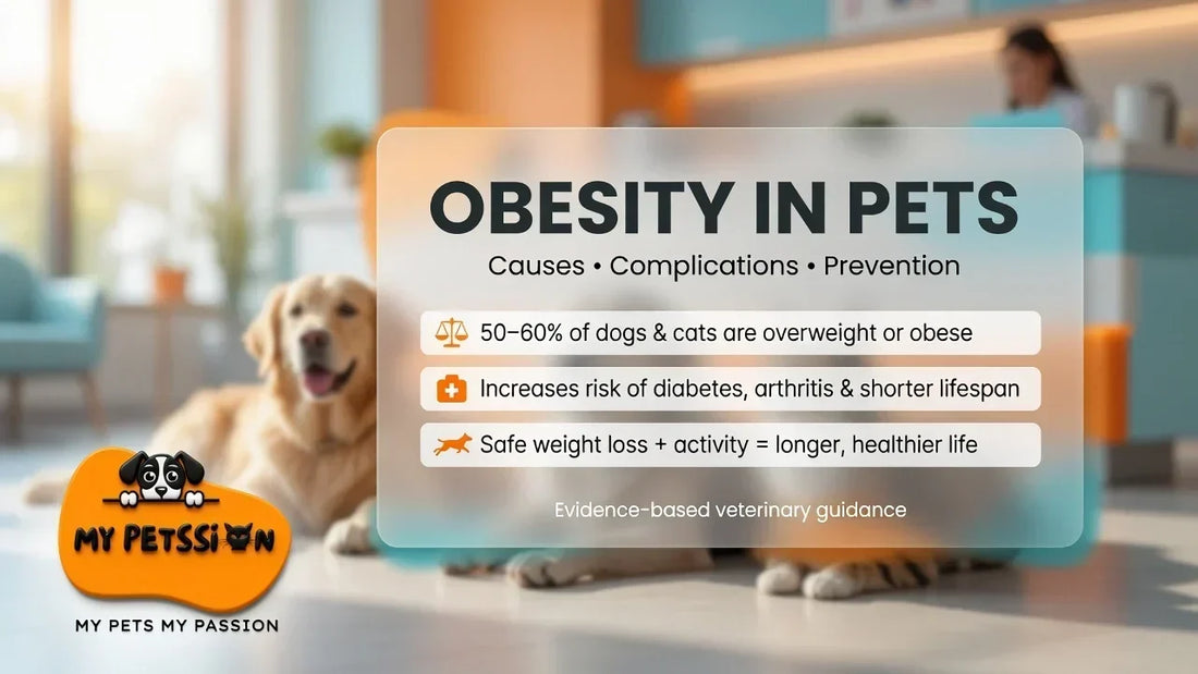 Golden Retriever lying in a bright veterinary clinic with an infographic overlay showing obesity in pets statistics – causes, complications and prevention guide by My Petssion