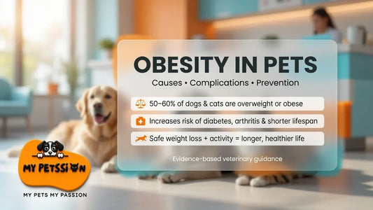 Golden Retriever lying in a bright veterinary clinic with an infographic overlay showing obesity in pets statistics – causes, complications and prevention guide by My Petssion
