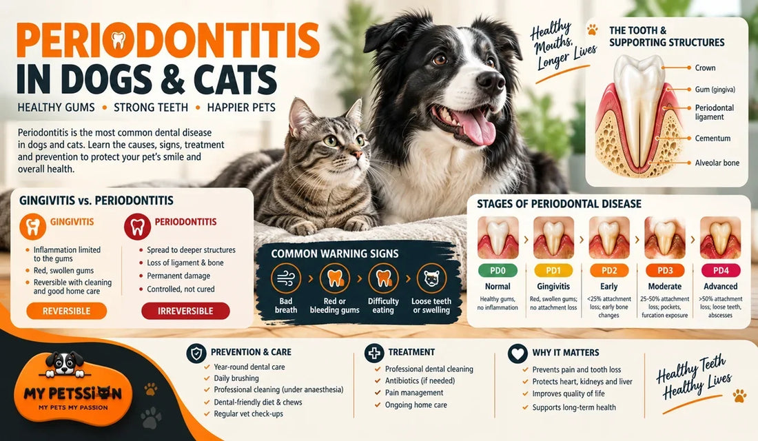 Periodontitis in dogs and cats infographic showing periodontal disease stages, warning signs, tooth and gum damage, veterinary dental treatment, daily brushing, and prevention tips.