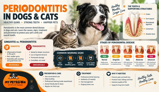 Periodontitis in dogs and cats infographic showing periodontal disease stages, warning signs, tooth and gum damage, veterinary dental treatment, daily brushing, and prevention tips.