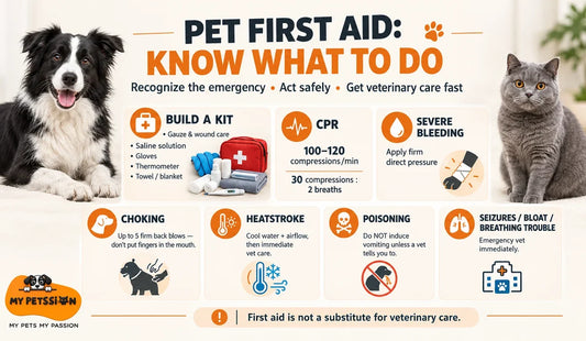Pet first aid infographic showing emergency care tips, a Border Collie, gray cat, and veterinary first aid kit.