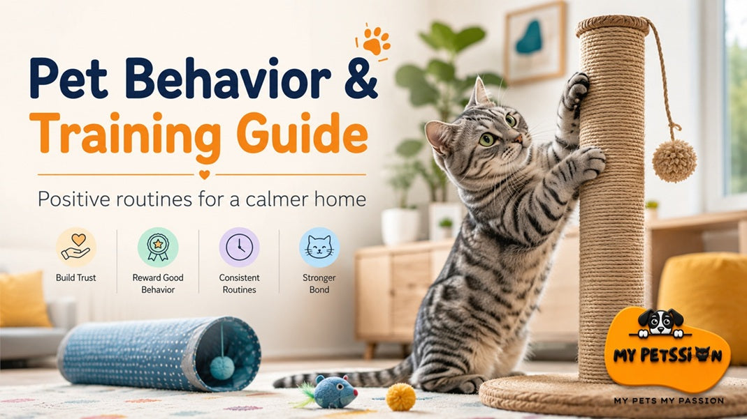 Pet behavior and positive training guide banner – dog and cat training tips for better behavior by My Petssion