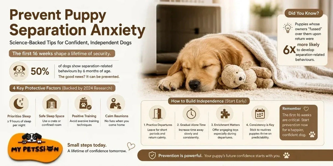 Puppy learning to be alone at home — science-backed strategies to prevent separation anxiety in the first 6 months by My Petssion