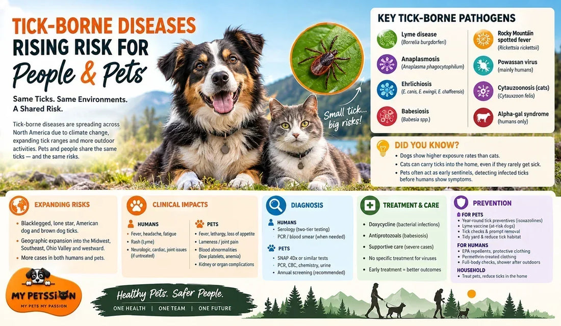 Tick-borne diseases in dogs, cats, and humans infographic highlighting Lyme disease, ehrlichiosis, anaplasmosis, symptoms, diagnosis, treatment, and prevention through shared One Health protection strategies.