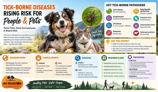 Tick-borne diseases in dogs, cats, and humans infographic highlighting Lyme disease, ehrlichiosis, anaplasmosis, symptoms, diagnosis, treatment, and prevention through shared One Health protection strategies.