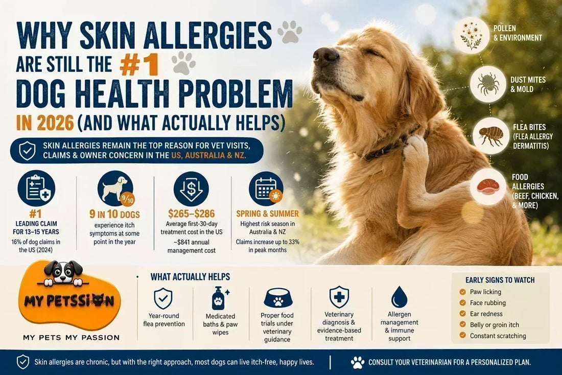 Infographic explaining why skin allergies remain the number one dog health problem in 2026, including common causes, US and Australia statistics, treatment options, prevention tips, and early signs of allergic skin disease.