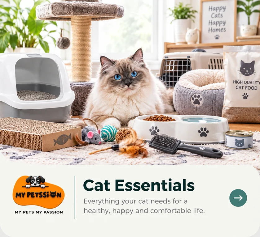 Fluffy blue-eyed cat surrounded by cat essentials including a cat tree, scratching pad, litter box, cozy bed, food and water bowls, toys, and grooming brush.
