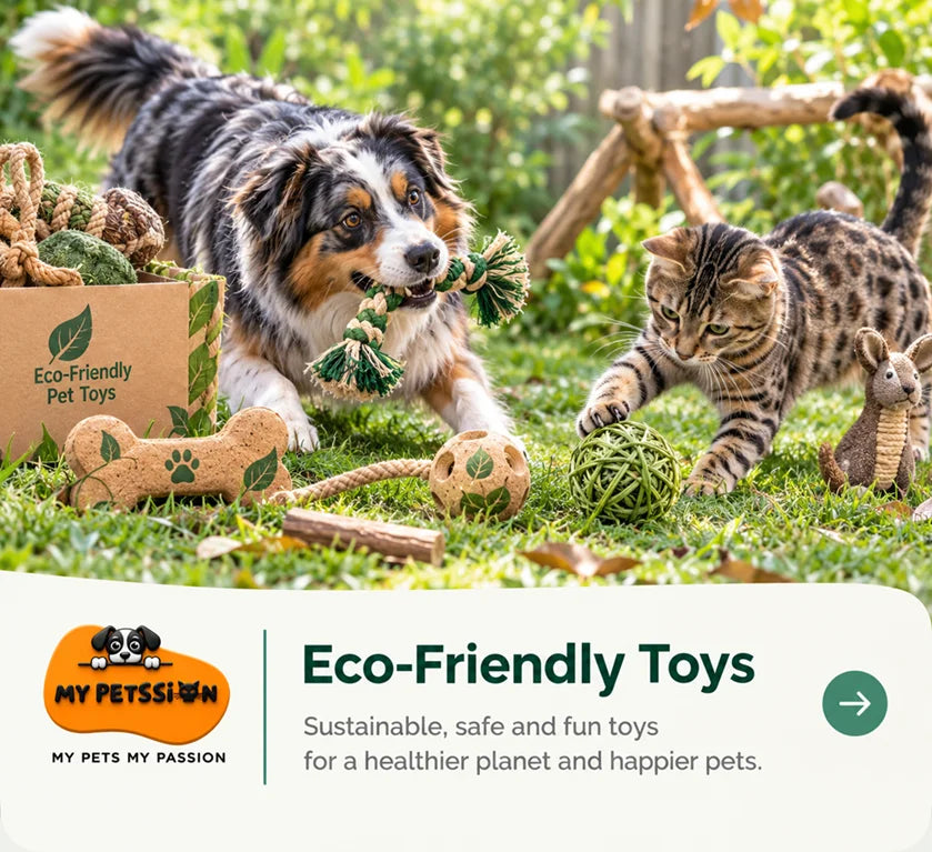 Australian Shepherd playing with a natural rope toy while a spotted tabby cat bats a woven grass ball among eco-friendly pet toys in a garden, promoting sustainable play for pets.
