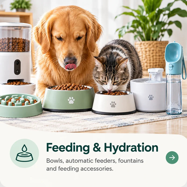 Dog and cat beside pet food bowls, a slow feeder, automatic pet feeder, and water fountain