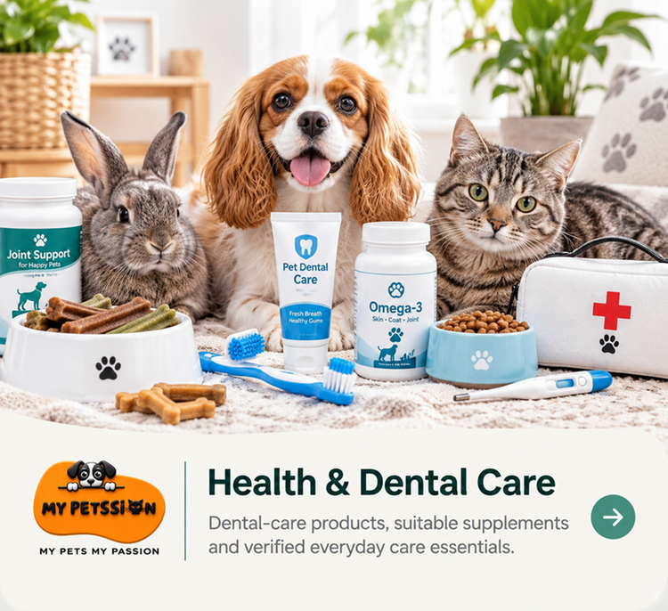 Spaniel, cat, and rabbit beside pet dental-care products, toothbrushes, supplements, and everyday pet wellness supplies