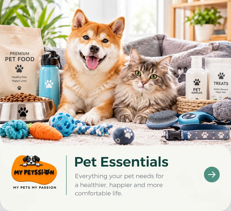 Shiba Inu dog and fluffy cat surrounded by pet essentials, including pet food, feeding bowls, water bottle, treats, grooming brushes, toys, collar, and comfortable bedding.