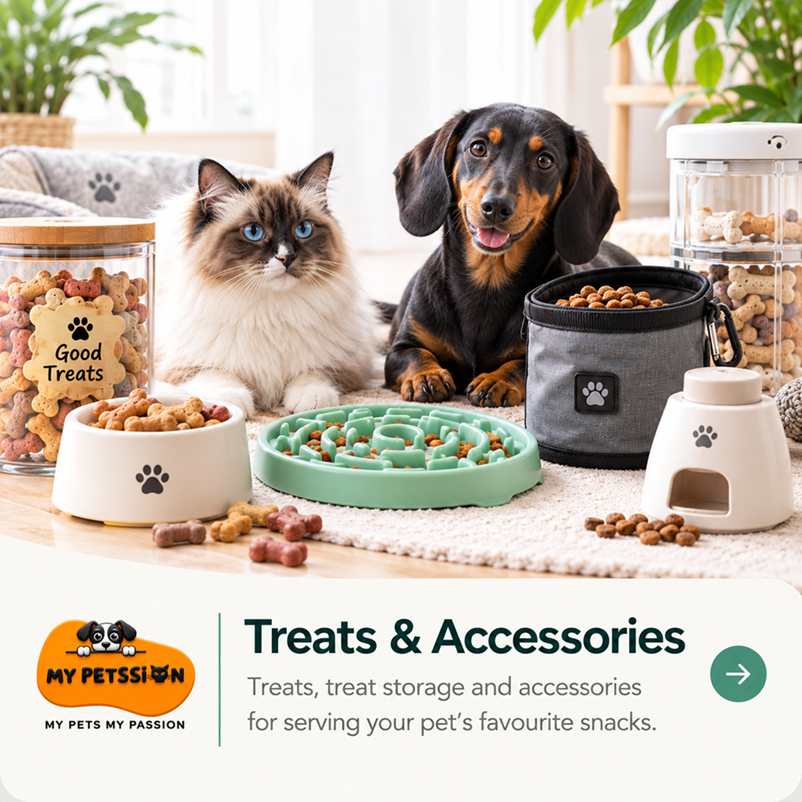 Dachshund and fluffy cat beside pet treat jars, treat storage containers, serving bowls, a treat pouch, and a lick mat