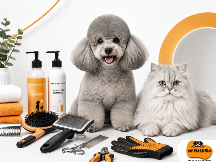 Pet grooming collection — brushes clippers and grooming kits for dogs and cats