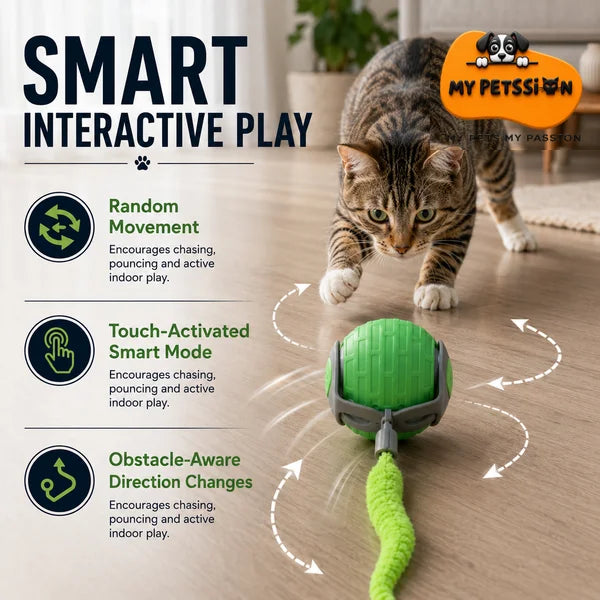 A tabby cat plays with a green smart interactive toy ball on a wooden floor, with marketing text and icons explaining features like random movement, touch-activated smart mode, and obstacle-aware direction changes. The My Petssion brand logo appears in the top right.
