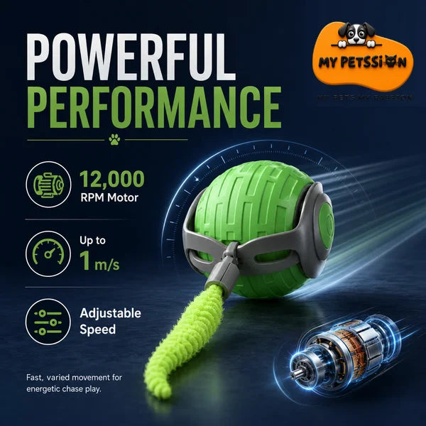 A green and gray pet toy ball with a bright neon green cord, shown on a dark blue promotional graphic with text highlighting 12,000 RPM motor power, up to 1 m/s speed, and adjustable speed. The My Petssion brand logo is visible in the top right.
