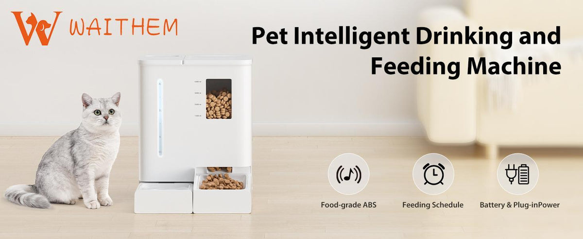 Automatic cat feeder and waterer in white with large food and water capacity displayed next to gray tabby cat on wooden floor