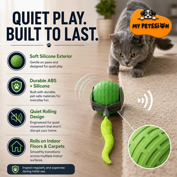 A gray cat watches a green and gray pet toy ball with a bright green tail roll on an indoor floor. The image includes marketing text, icons, a close-up inset of the toy texture, and an orange 'My Petssion' badge.