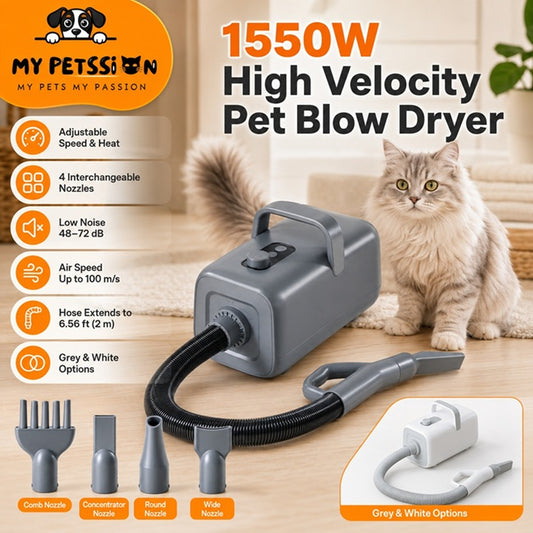 Pet blow dryer with features and a cat in the background, branded 'My Petsson'.