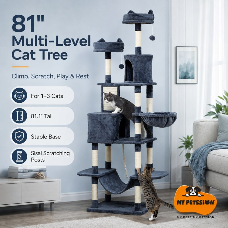 Multi-level cat tree with cats climbing and resting, featuring product details and My Petsson branding.