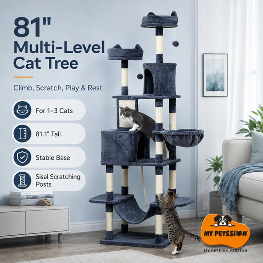 Multi-level cat tree with cats climbing and resting, featuring product details and My Petsson branding.