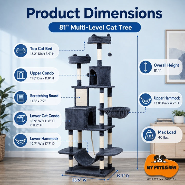 81-inch multi-level cat tree with dimensions and features labeled, featuring My Pet's Passion logo.