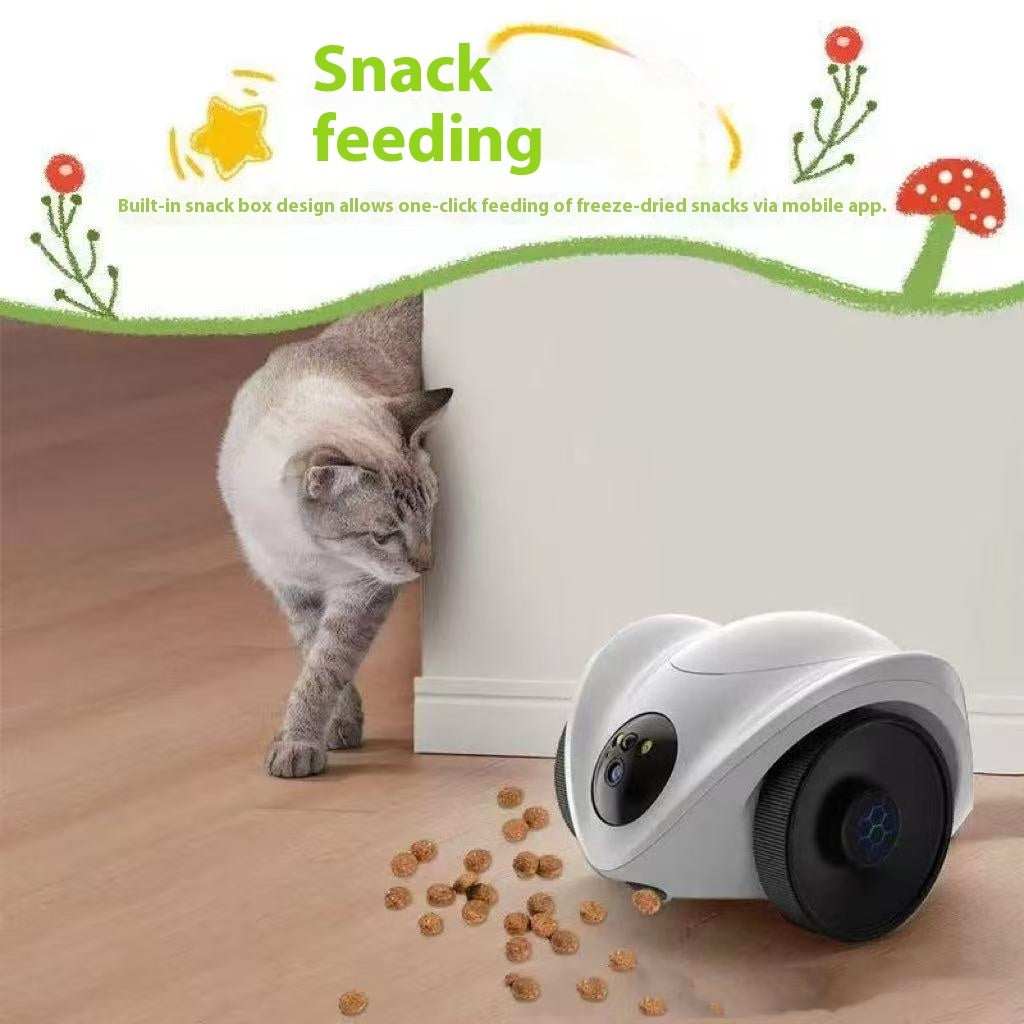Cat interacting with a pet feeding device on a wooden floor.