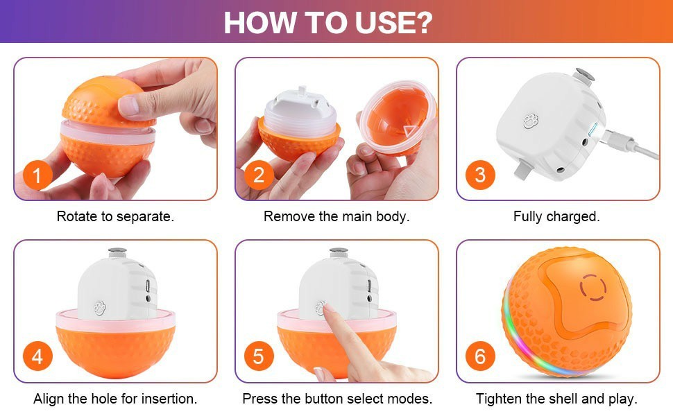 Interactive Dog Toys Ball, Automatic Rolling Toy, Lively Pet Ball For Medium ,Large Dogs To Relieve Boredom, Activated Automatic Motion Dog Balls Toy With LED Flash, USB Rechargeable Orange Purple