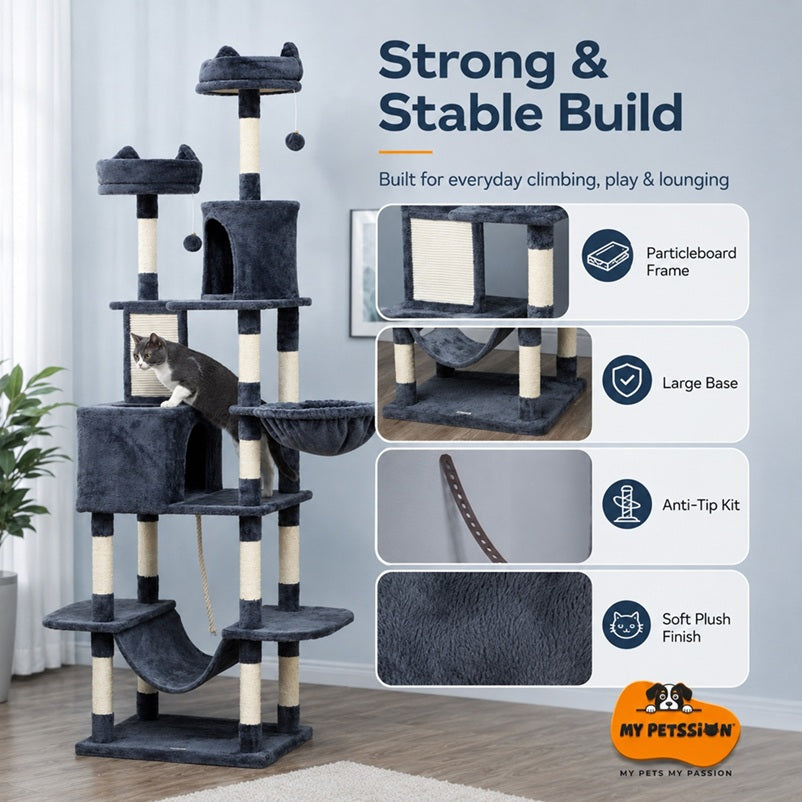 Cat tree with features highlighted on a gray background