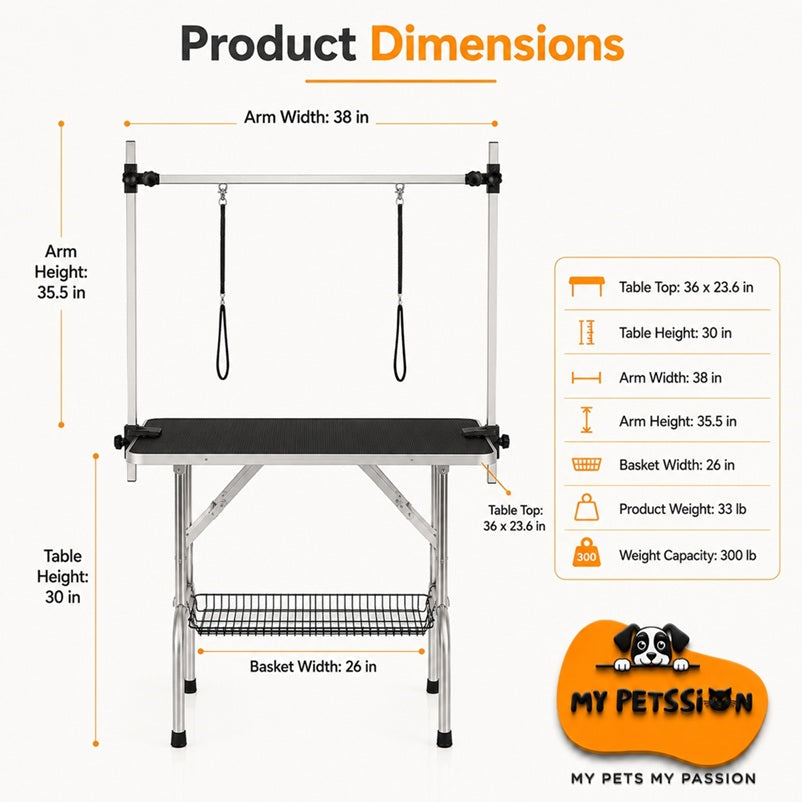 36-Inch Professional Dog Grooming Table – Heavy Duty, Adjustable & Foldable