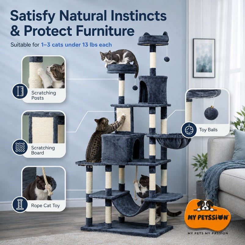 Cat tree with multiple features for cats, suitable for 1-3 cats under 13 lbs each, in a living room setting.
