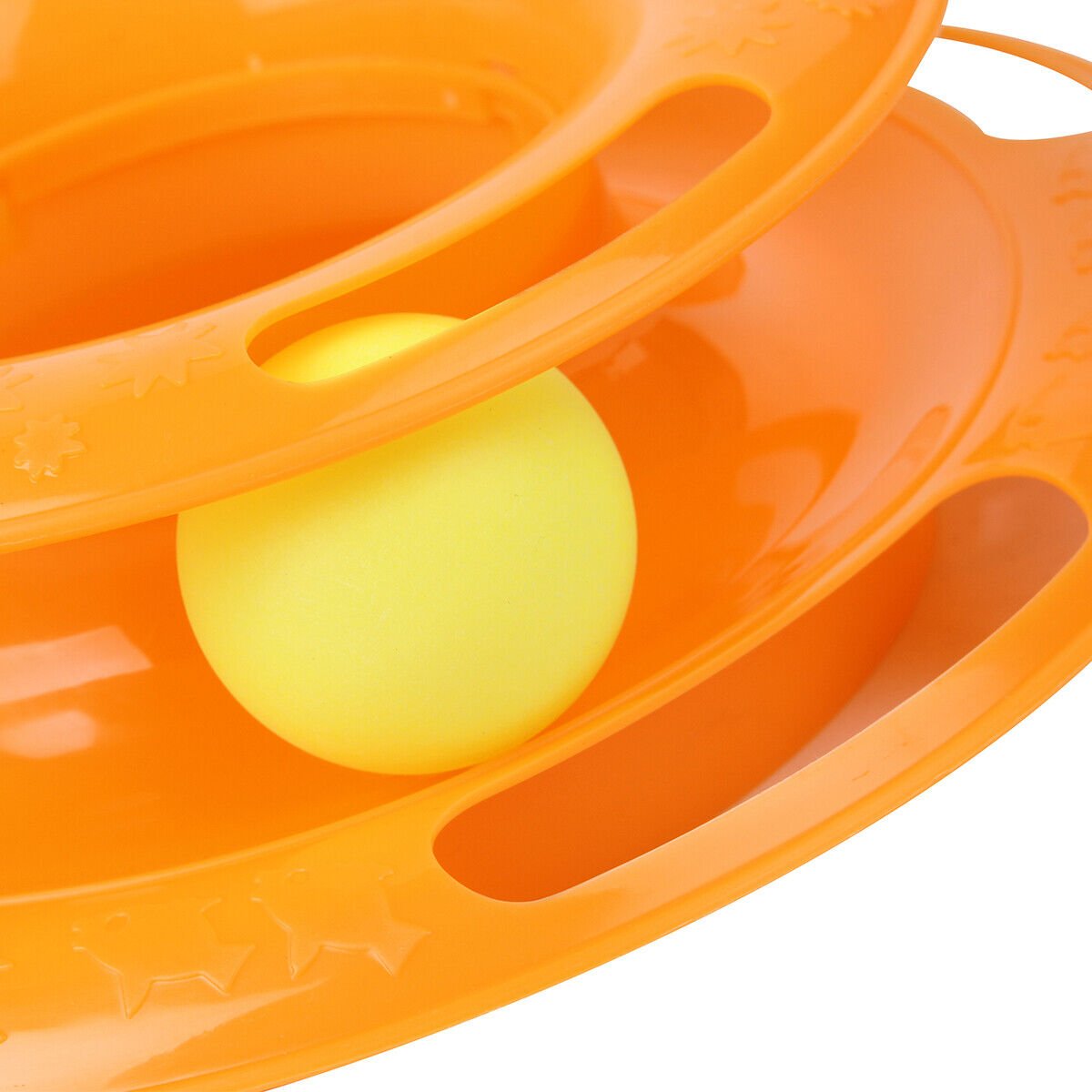 Orange 3-layer cat track toy with yellow rolling ball in circular puzzle channel.