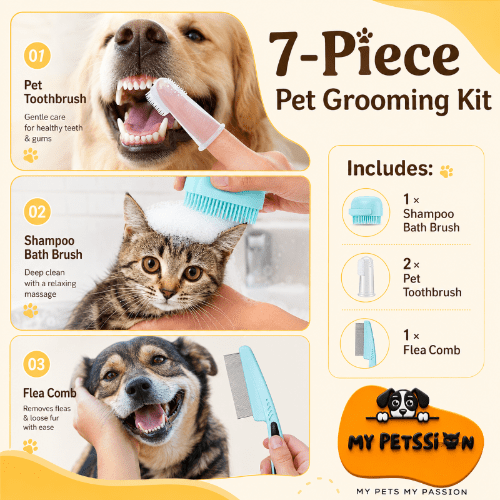 7-piece pet grooming kit with images of a dog, cat, and tools, and branding for 'My Petssi'.