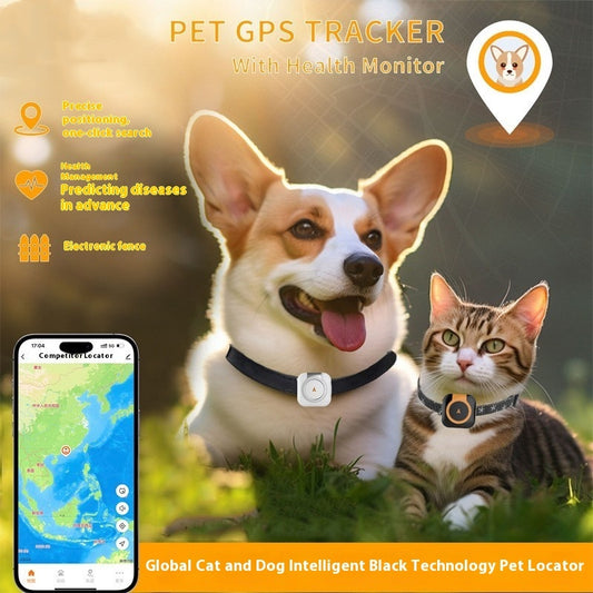 Pet GPS tracker with health monitor for dogs and cats, featuring a dog and cat on grass with a smartphone app displayed.